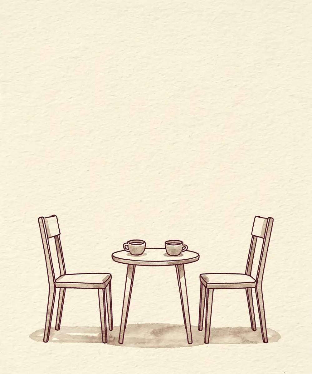 Dos sillas de madera giradas una hacia la otra con una mesa baja y dos tazas, dibujadas a plumilla