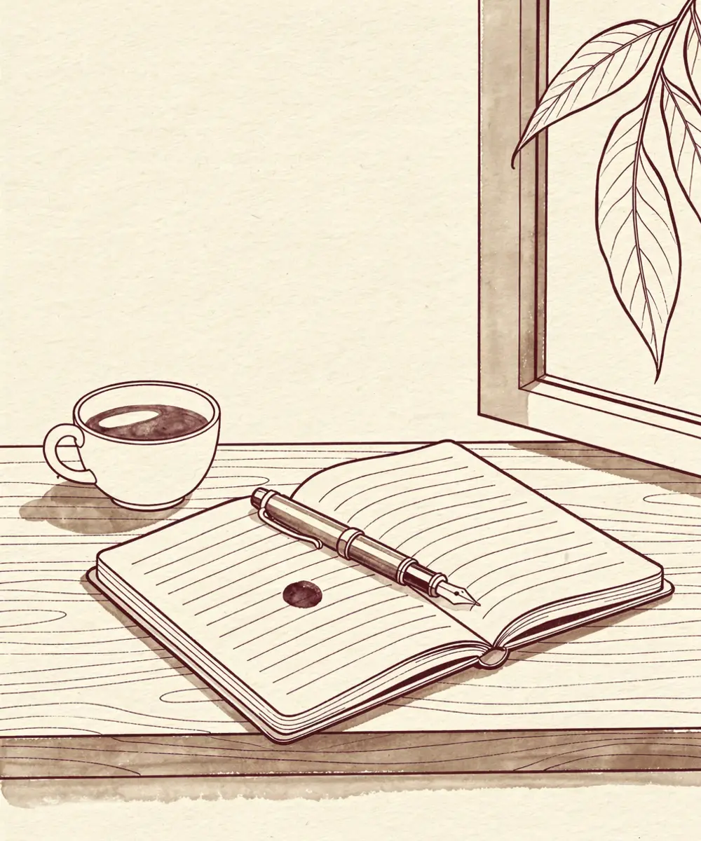 Cuaderno de consulta abierto junto a una taza, con la ventana a un lado, dibujado a plumilla en tinta granate